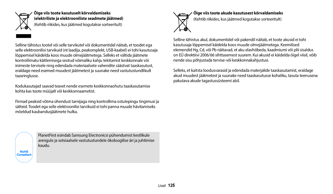 Samsung EC-WB110ZBABE1, EC-WB110ZBABE2, EC-WB110ZBARE2 manual Kehtib riikides, kus jäätmed kogutakse sorteeritult 