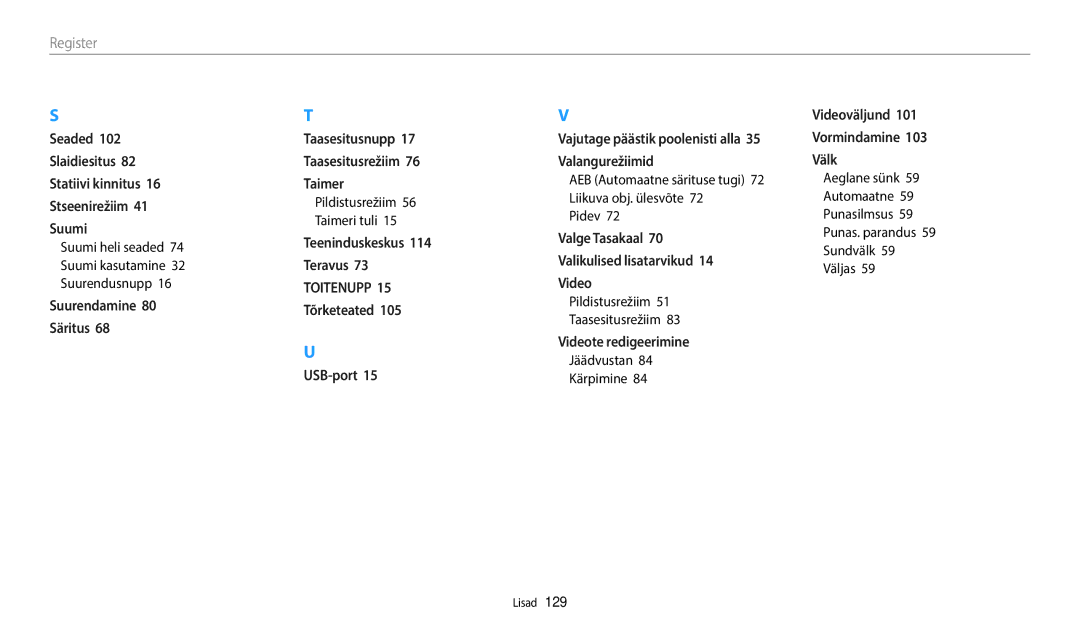 Samsung EC-WB110ZBABE2, EC-WB110ZBABE1, EC-WB110ZBARE2 manual Toitenupp 