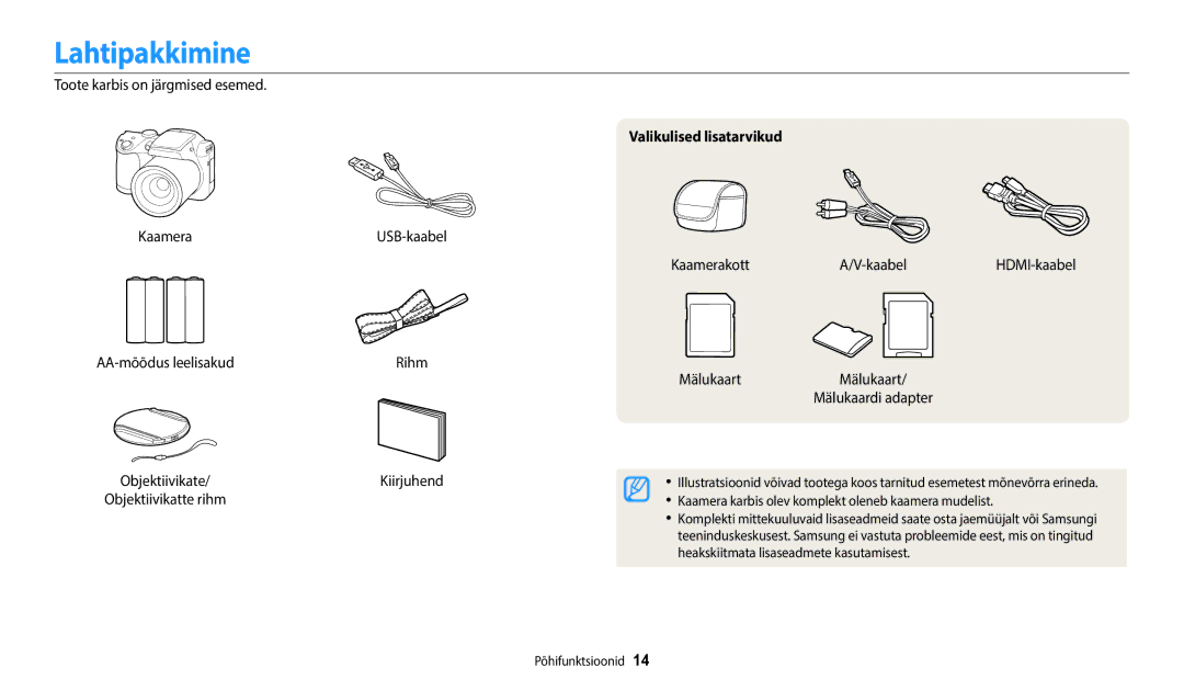 Samsung EC-WB110ZBABE1, EC-WB110ZBABE2 manual Lahtipakkimine, Toote karbis on järgmised esemed Kaamera, AA-mõõdus leelisakud 