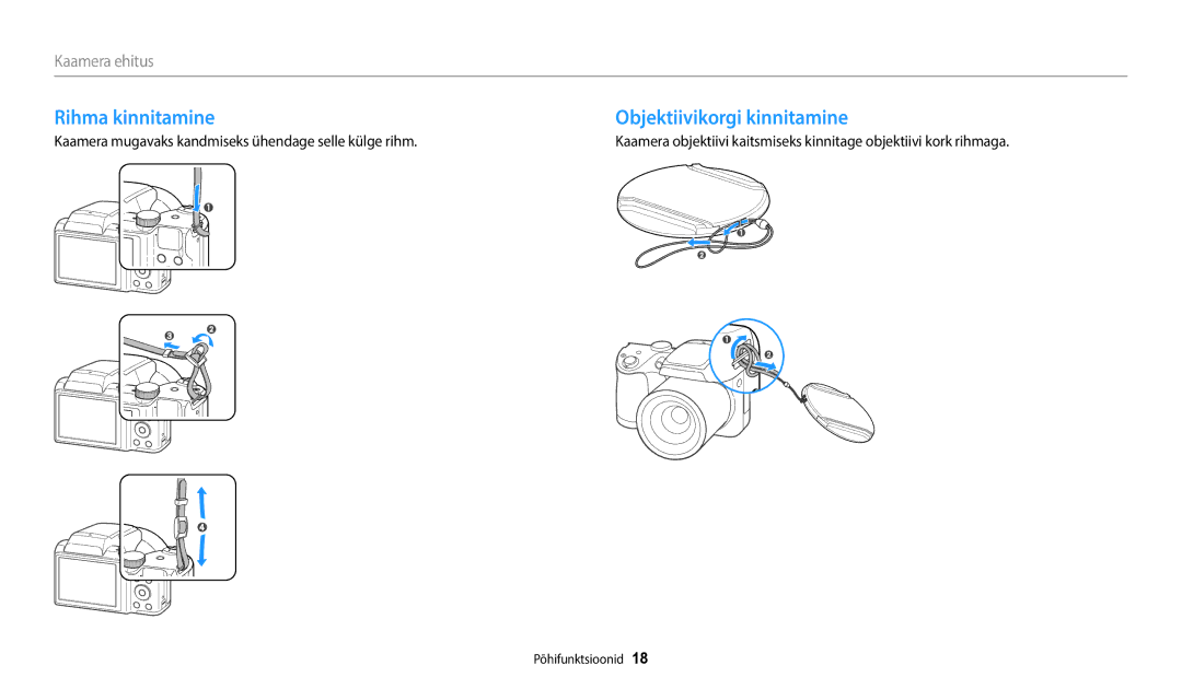 Samsung EC-WB110ZBABE2, EC-WB110ZBABE1, EC-WB110ZBARE2 manual Rihma kinnitamine, Objektiivikorgi kinnitamine 