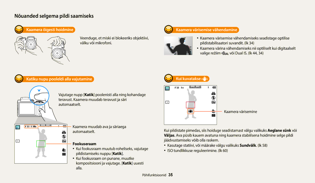 Samsung EC-WB110ZBABE1 manual Kaamera õigesti hoidmine Kaamera värisemise vähendamine, Katiku nupu pooleldi alla vajutamine 