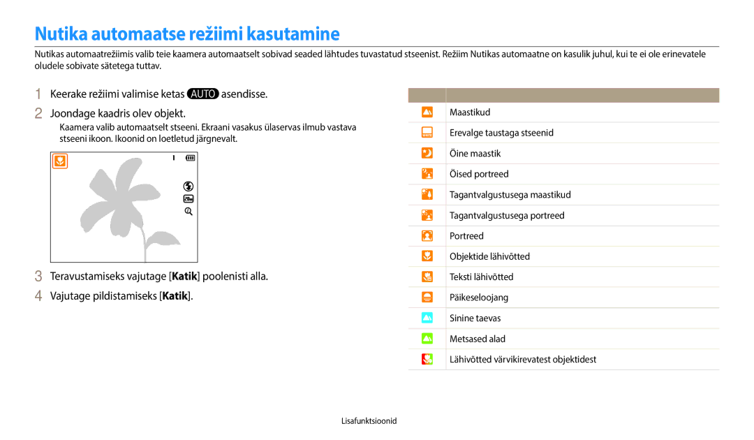 Samsung EC-WB110ZBABE1 manual Nutika automaatse režiimi kasutamine, Asendisse, Maastikud, Erevalge taustaga stseenid 