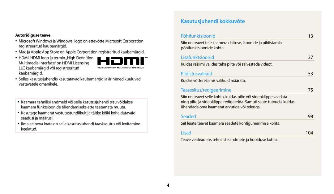 Samsung EC-WB110ZBARE2, EC-WB110ZBABE1, EC-WB110ZBABE2 manual Kasutusjuhendi kokkuvõte, 104, Autoriõiguse teave 