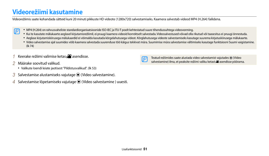 Samsung EC-WB110ZBABE2, EC-WB110ZBABE1 manual Videorežiimi kasutamine, Valikute loendi leiate jaotisest Pildistusvalikud. lk 