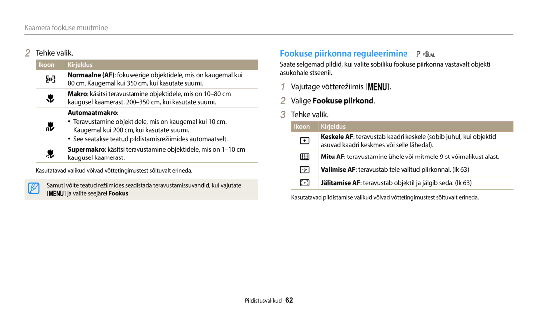 Samsung EC-WB110ZBABE1, EC-WB110ZBABE2 manual Fookuse piirkonna reguleerimine, Valige Fookuse piirkond, Automaatmakro 