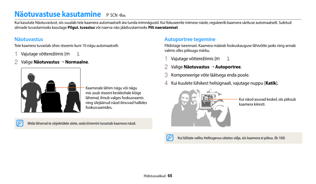 Samsung EC-WB110ZBABE1, EC-WB110ZBABE2 manual Näotuvastuse kasutamine, Autoportree tegemine, Valige Näotuvastus → Normaalne 