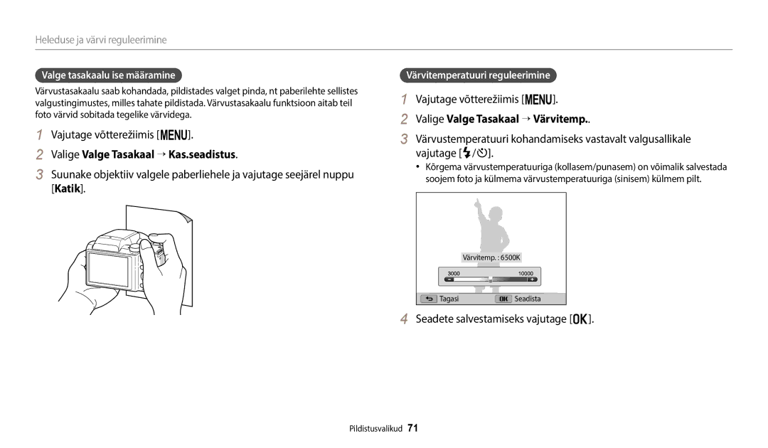 Samsung EC-WB110ZBABE1, EC-WB110ZBABE2 manual Valige Valge Tasakaal → Kas.seadistus, Valige Valge Tasakaal → Värvitemp 