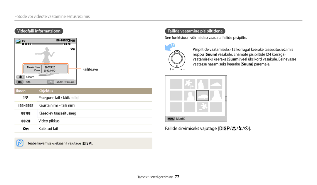 Samsung EC-WB110ZBABE1 Failide sirvimiseks vajutage D/c/F/t, Videofaili informatsioon, Failide vaatamine pisipiltidena 