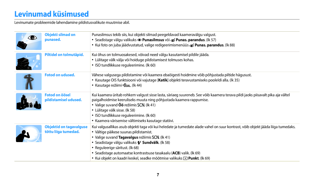 Samsung EC-WB110ZBARE2, EC-WB110ZBABE1, EC-WB110ZBABE2 manual Levinumad küsimused, Punas. parandus. lk, Kasutage režiimi 