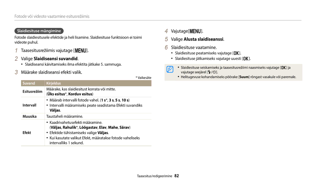 Samsung EC-WB110ZBARE2, EC-WB110ZBABE1 Valige Alusta slaidiseanssi, Slaidiesituse vaatamine, Valige Slaidiseansi suvandid 