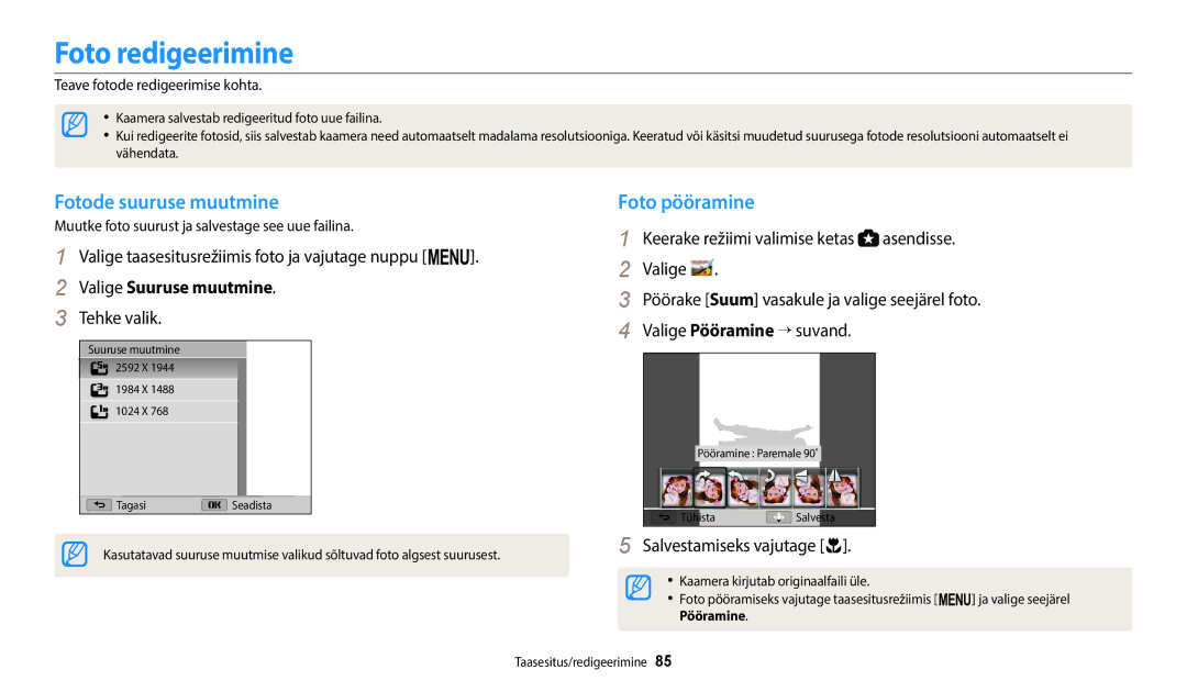 Samsung EC-WB110ZBARE2 manual Foto redigeerimine, Fotode suuruse muutmine, Foto pööramine, Valige Suuruse muutmine 