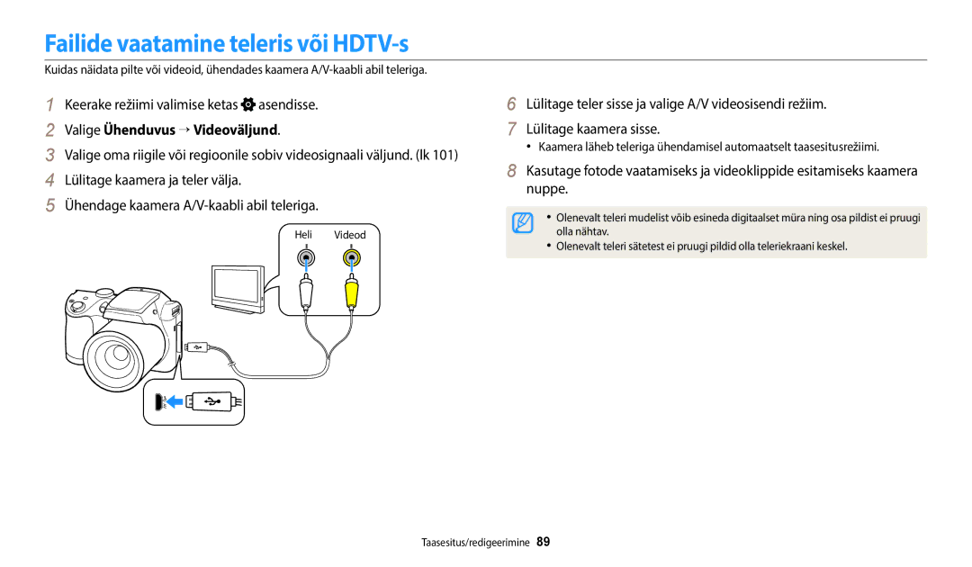 Samsung EC-WB110ZBABE1, EC-WB110ZBABE2 manual Failide vaatamine teleris või HDTV-s, Valige Ühenduvus → Videoväljund 