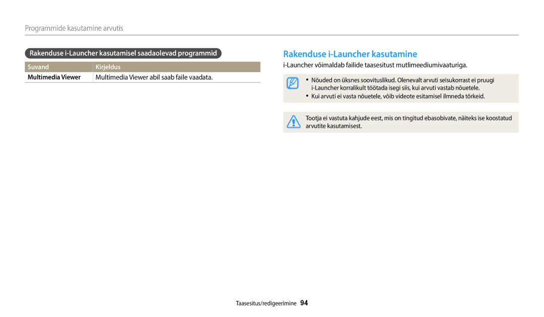 Samsung EC-WB110ZBARE2 manual Rakenduse i-Launcher kasutamine, Rakenduse i-Launcher kasutamisel saadaolevad programmid 