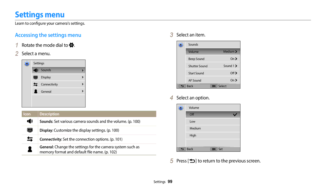 Samsung EC-WB110ZBARE1 Settings menu, Accessing the settings menu, Rotate the mode dial to Select a menu, Select an item 