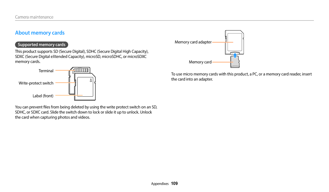 Samsung EC-WB110ZBABE3, EC-WB110ZBABE1, EC-WB110ZBARE1, EC-WB110ZBABE2 manual About memory cards, Supported memory cards 