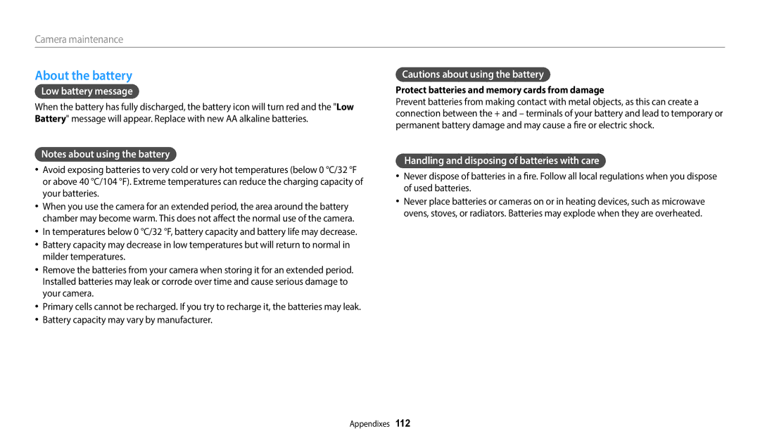 Samsung EC-WB110ZBABRU manual About the battery, Low battery message, Handling and disposing of batteries with care 