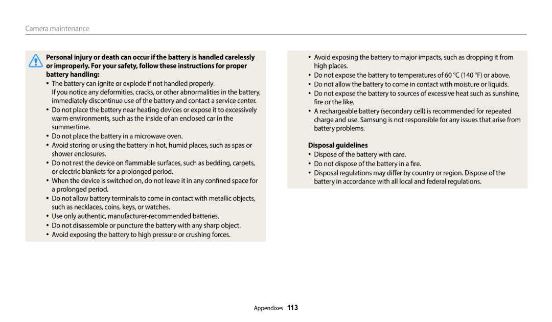 Samsung EC-WB110ZBARRU, EC-WB110ZBABE1 manual Battery can ignite or explode if not handled properly, Disposal guidelines 