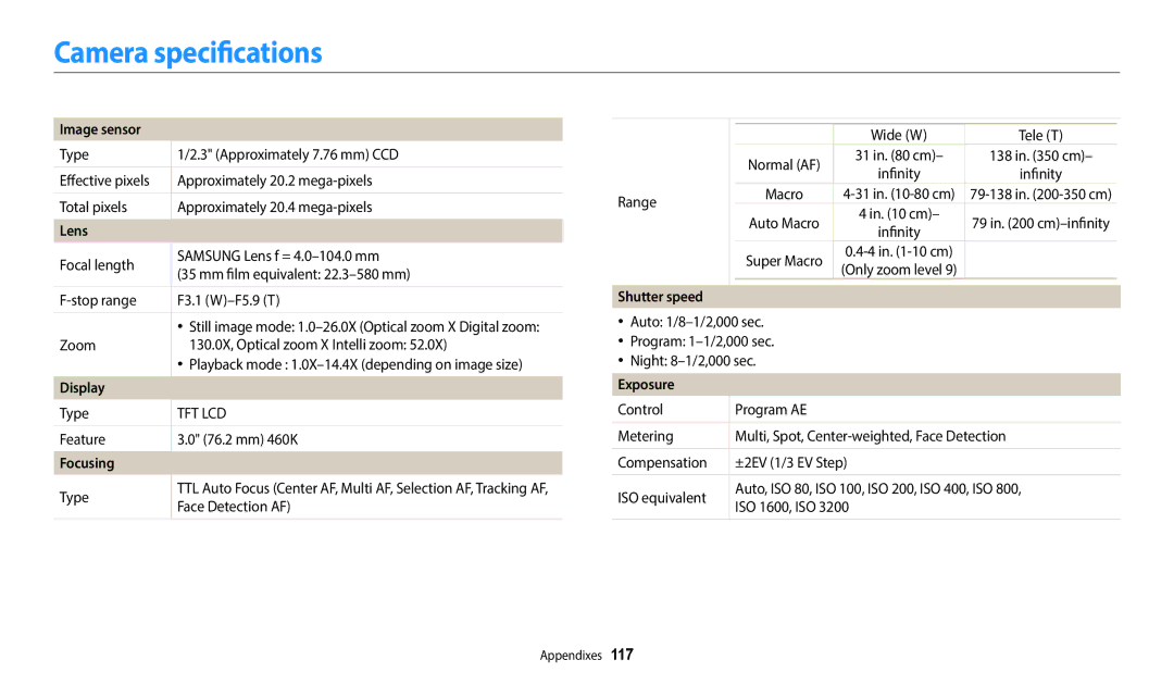 Samsung EC-WB110ZBARE1, EC-WB110ZBABE1, EC-WB110ZBABE3, EC-WB110ZBABE2, EC-WB110ZBARE2, EC-WB110ZBABRU Camera specifications 