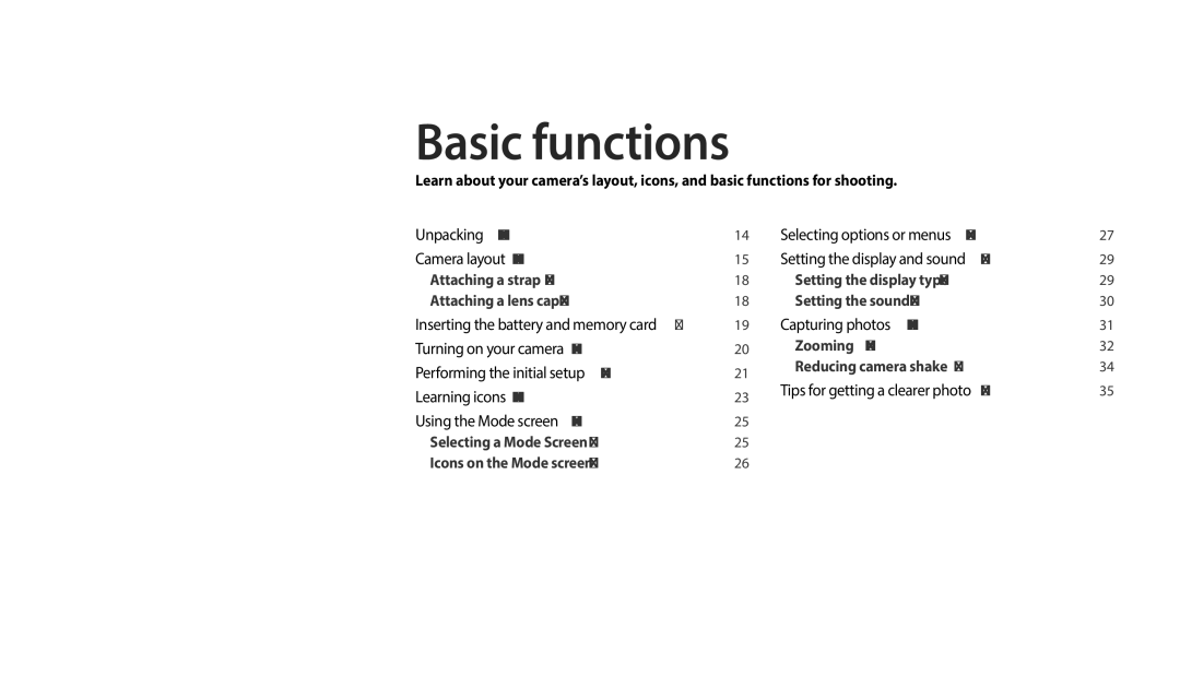 Samsung EC-WB110ZBABRU, EC-WB110ZBABE1, EC-WB110ZBARE1, EC-WB110ZBABE3, EC-WB110ZBABE2, EC-WB110ZBARE2 manual Basic functions 