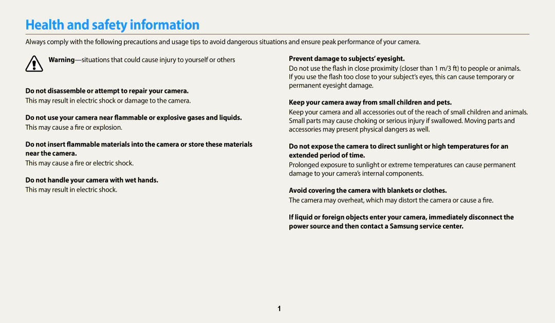 Samsung EC-WB110ZBABE3, EC-WB110ZBABE1, EC-WB110ZBARE1, EC-WB110ZBABE2, EC-WB110ZBARE2 manual Health and safety information 