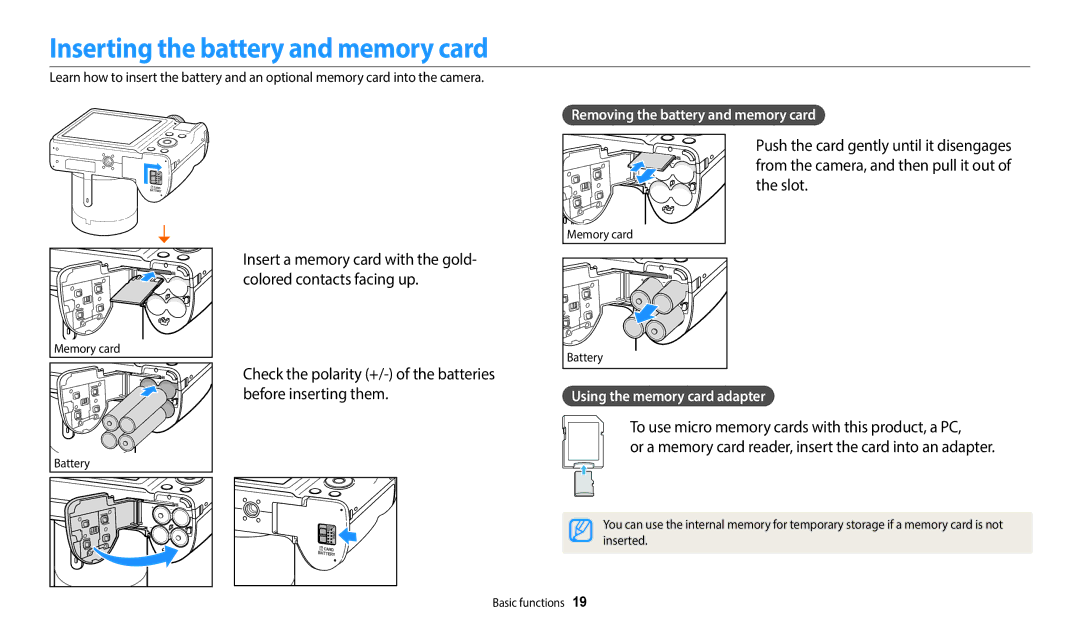 Samsung EC-WB110ZBABE3, EC-WB110ZBABE1 manual Inserting the battery and memory card, Removing the battery and memory card 