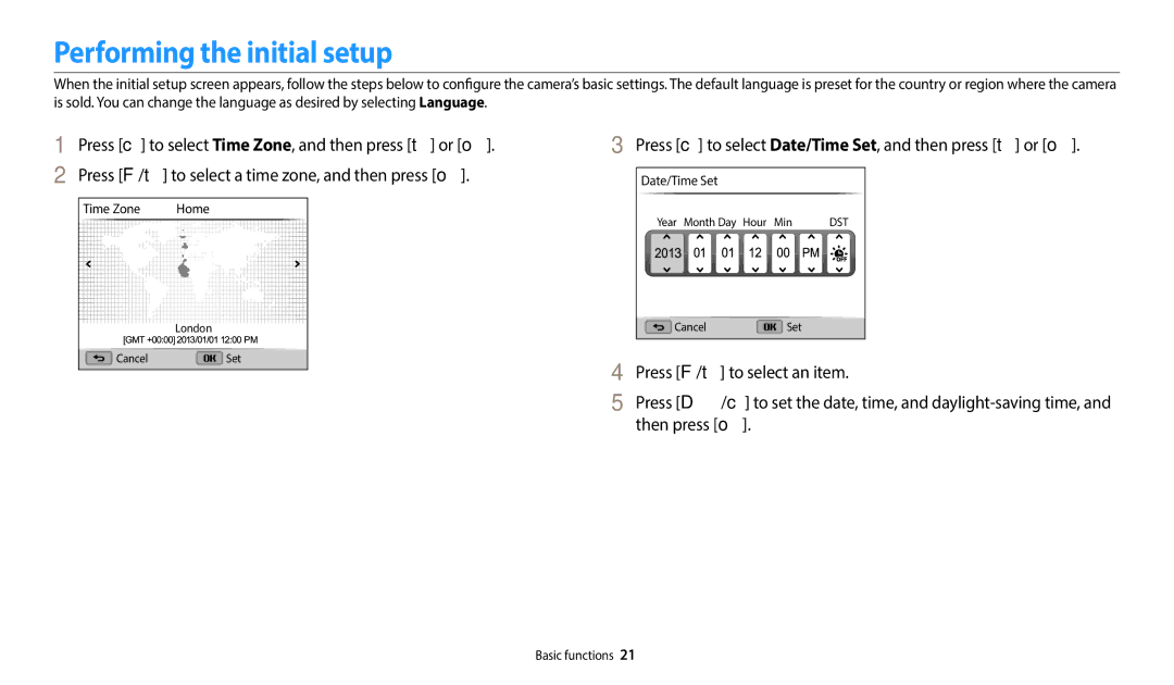 Samsung EC-WB110ZBARE2 manual Performing the initial setup, Press c to select Date/Time Set, and then press t or o 