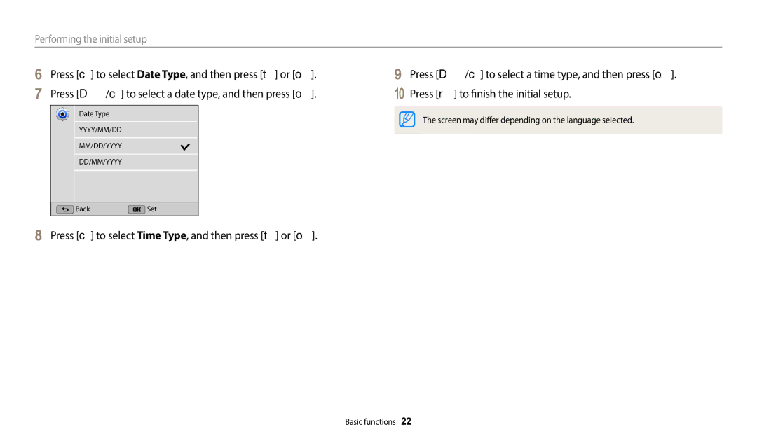 Samsung EC-WB110ZBABRU, EC-WB110ZBABE1, EC-WB110ZBARE1, EC-WB110ZBABE3, EC-WB110ZBABE2 manual Performing the initial setup 