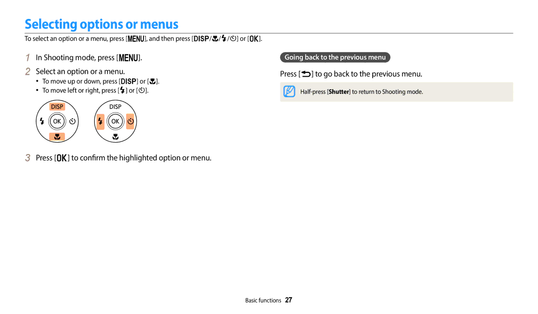 Samsung EC-WB110ZBARE1, EC-WB110ZBABE1 manual Selecting options or menus, Shooting mode, press m Select an option or a menu 