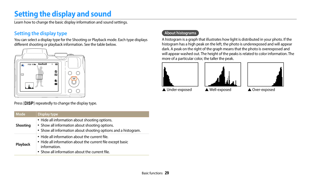 Samsung EC-WB110ZBABE2 manual Setting the display and sound, Setting the display type, About histograms, Mode, Playback 