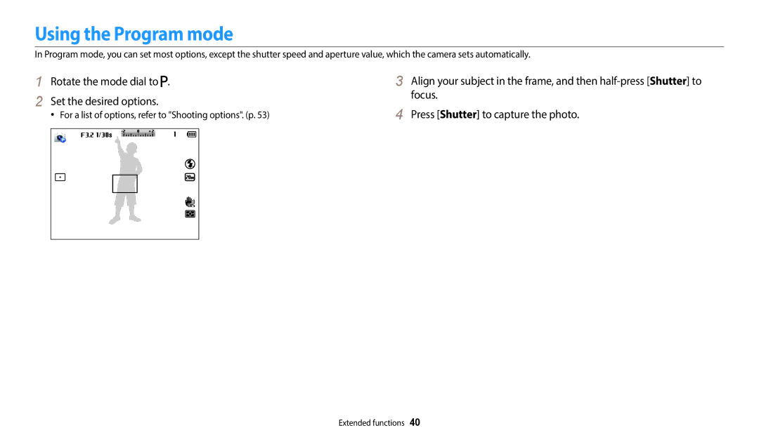 Samsung EC-WB110ZBABRU, EC-WB110ZBABE1 manual Using the Program mode, Rotate the mode dial to Set the desired options 