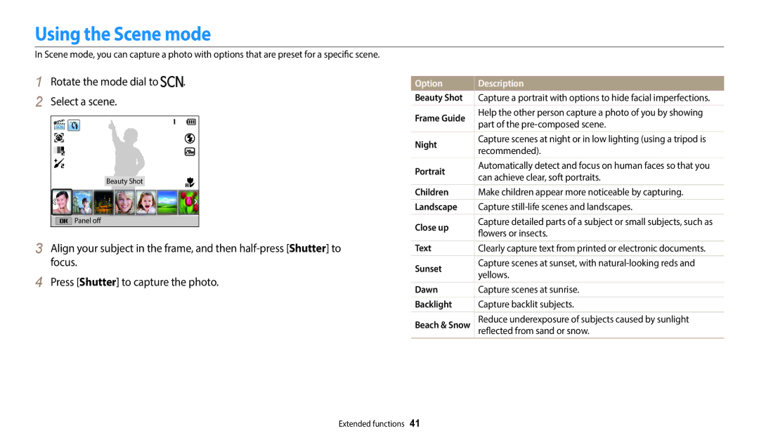 Samsung EC-WB110ZBARRU, EC-WB110ZBABE1 Using the Scene mode, Rotate the mode dial to Select a scene, Option Description 