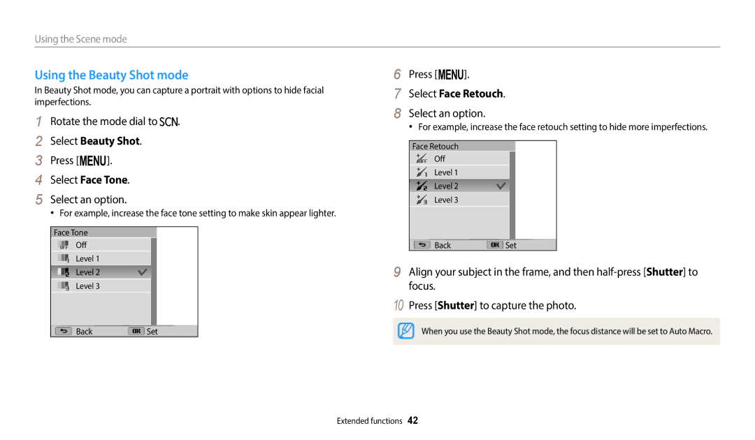 Samsung EC-WB110ZBABKZ manual Using the Beauty Shot mode, Select Beauty Shot, Select Face Tone, Select Face Retouch 