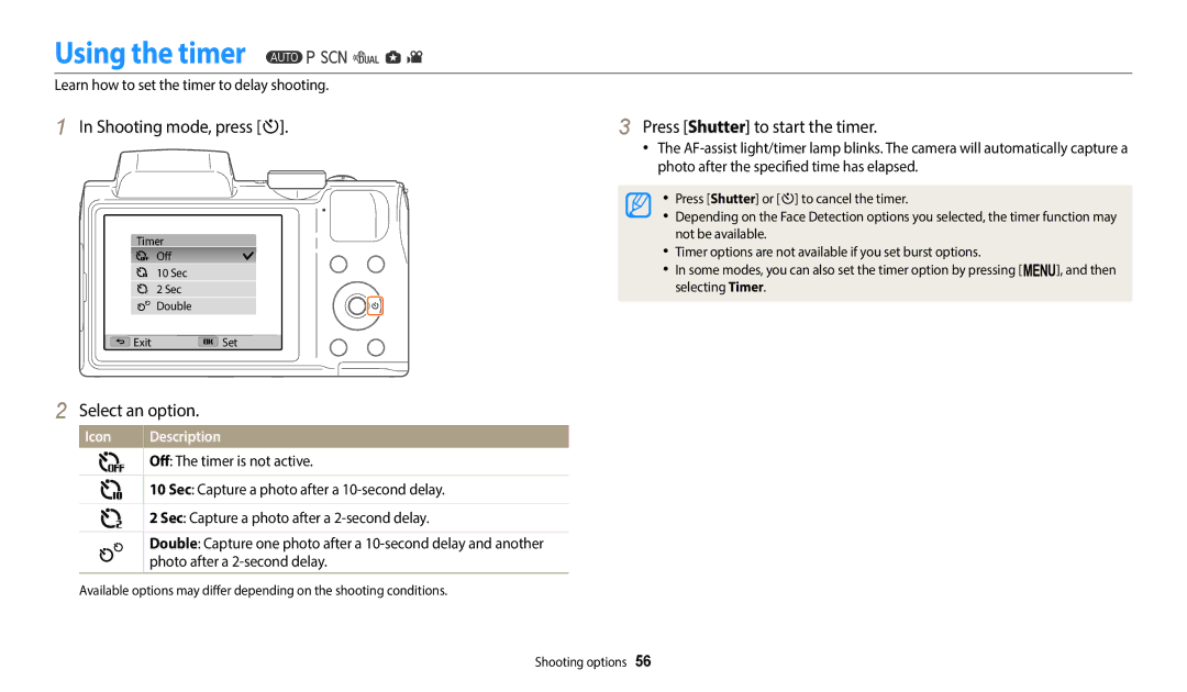 Samsung EC-WB110ZBABE2, EC-WB110ZBABE1 manual Using the timer, Shooting mode, press t, Press Shutter to start the timer 