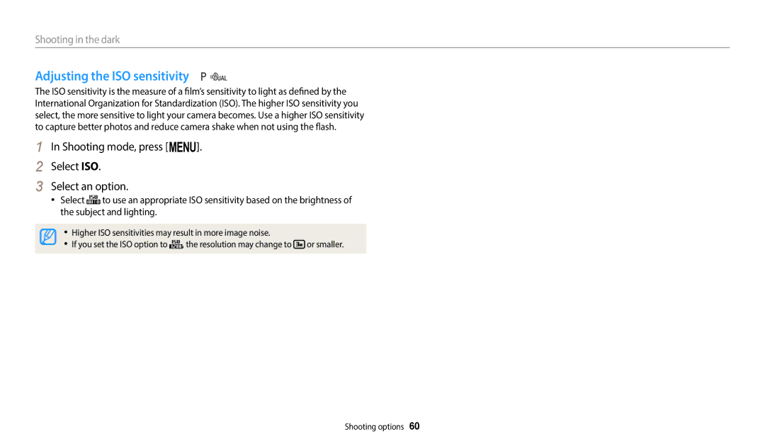Samsung EC-WB110ZBABKZ, EC-WB110ZBABE1 Adjusting the ISO sensitivity, Shooting mode, press m Select ISO Select an option 