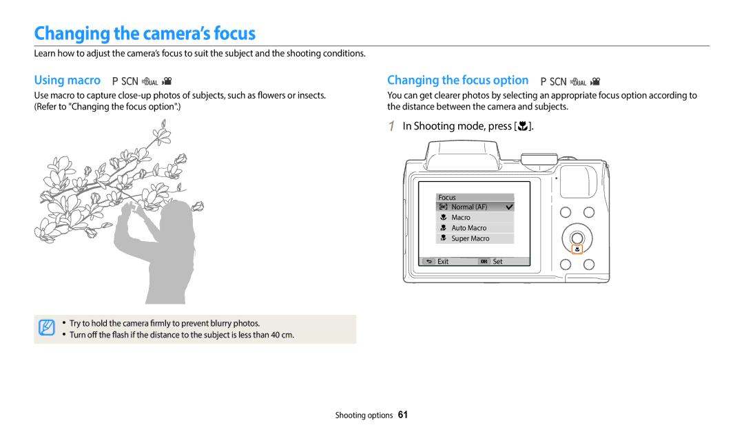 Samsung EC-WB110ZBARE3 manual Changing the camera’s focus, Using macro, Changing the focus option, Shooting mode, press c 