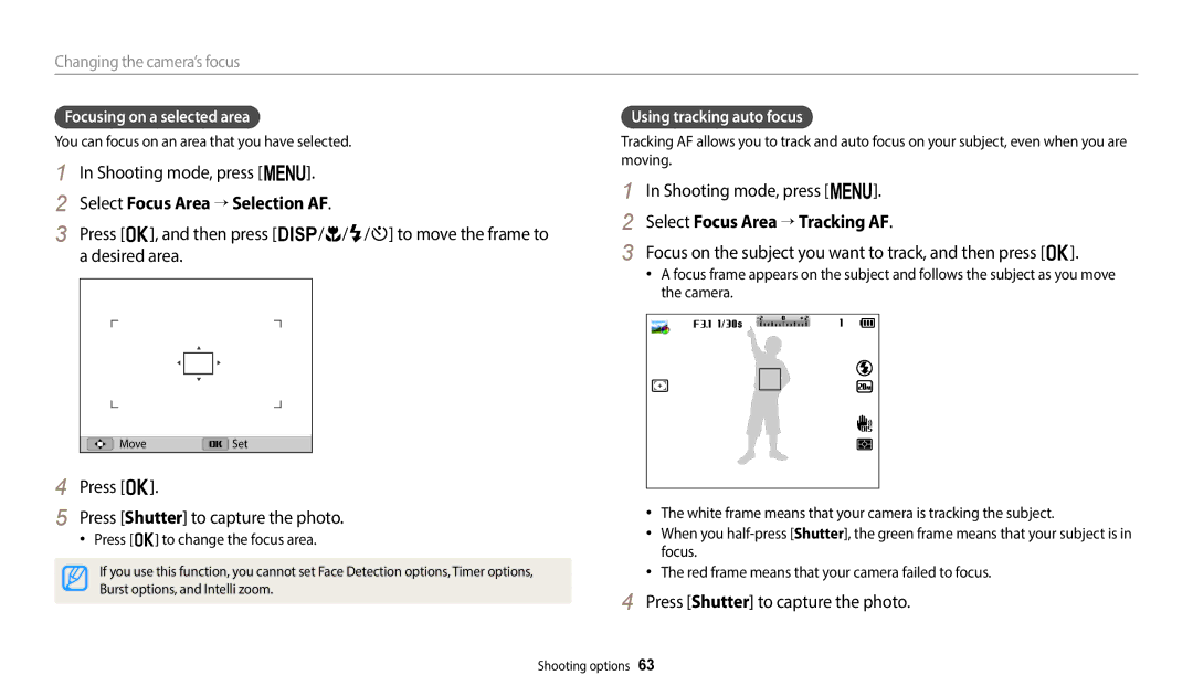 Samsung EC-WB110ZBARE1, EC-WB110ZBABE1, EC-WB110ZBABE3 Select Focus Area → Selection AF, Select Focus Area → Tracking AF 