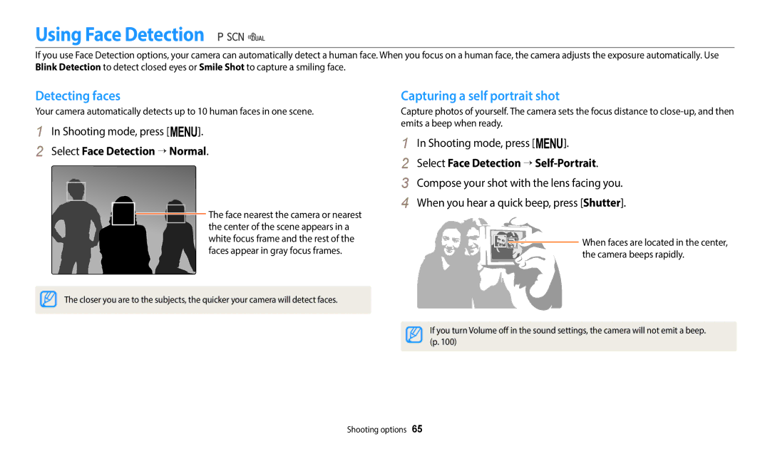 Samsung EC-WB110ZBABE2, EC-WB110ZBABE1 manual Using Face Detection, Detecting faces, Capturing a self portrait shot 