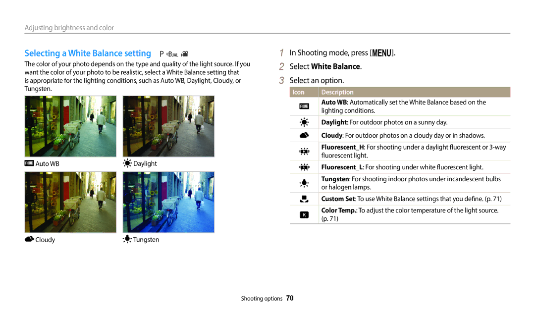 Samsung EC-WB110ZBARE3, EC-WB110ZBABE1, EC-WB110ZBARE1 manual Selecting a White Balance setting, Select White Balance 