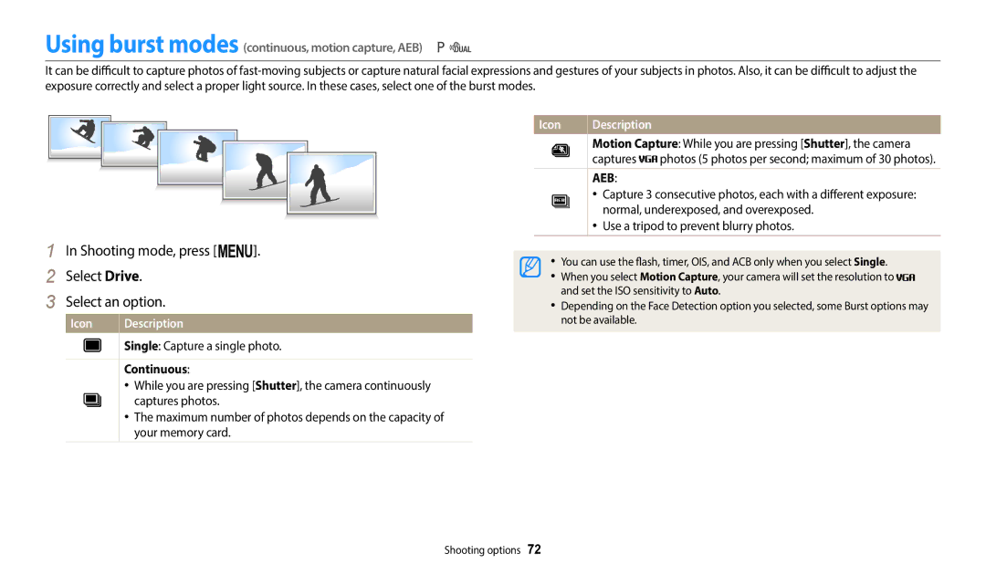 Samsung EC-WB110ZBARE1, EC-WB110ZBABE1 manual Shooting mode, press m Select Drive Select an option, Captures, Continuous 