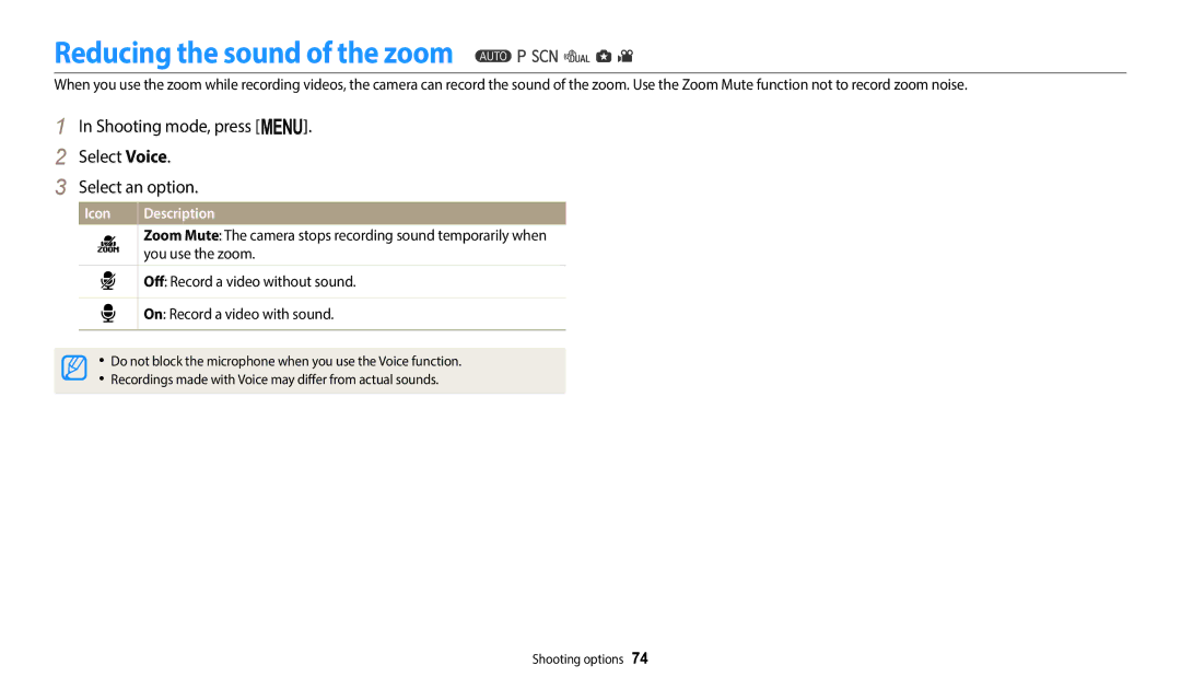 Samsung EC-WB110ZBABE2 manual Reducing the sound of the zoom, Shooting mode, press m. Select Voice Select an option 