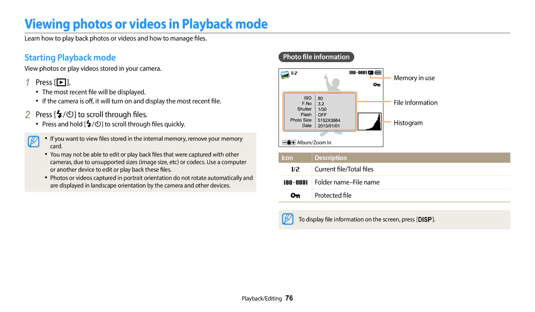 Samsung EC-WB110ZBABRU Viewing photos or videos in Playback mode, Starting Playback mode, Press P, Photo file information 