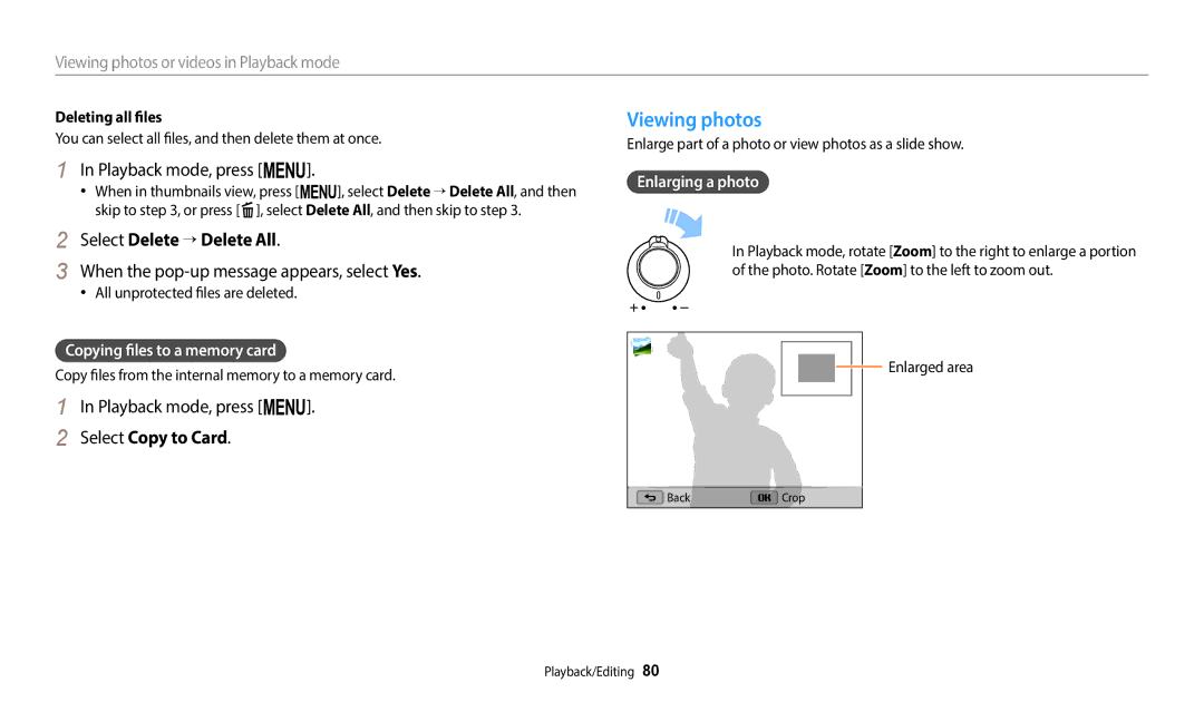 Samsung EC-WB110ZBABE1 manual Viewing photos, Playback mode, press m, Select Delete → Delete All, Select Copy to Card 