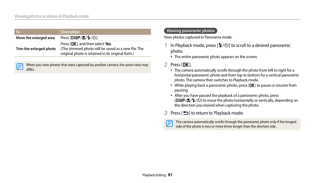 Samsung EC-WB110ZBARE1, EC-WB110ZBABE1 manual Press o, Press r to return to Playback mode, Viewing panoramic photos 