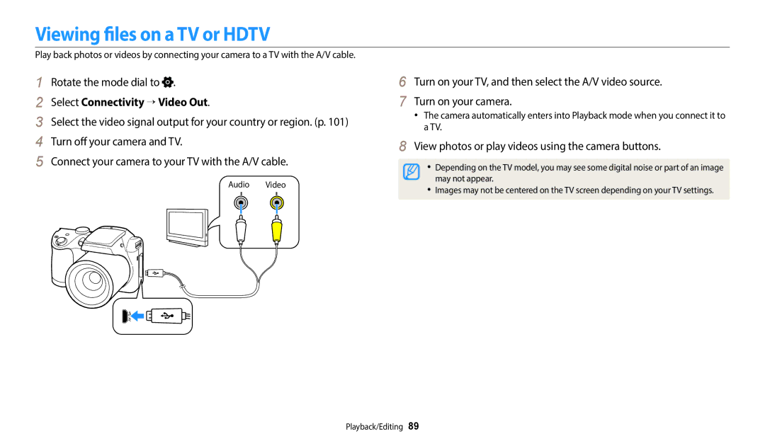 Samsung EC-WB110ZBABE1, EC-WB110ZBARE1, EC-WB110ZBABE3 manual Viewing files on a TV or Hdtv, Select Connectivity → Video Out 