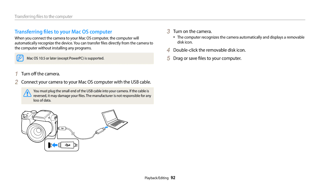 Samsung EC-WB110ZBABE2, EC-WB110ZBABE1, EC-WB110ZBARE1 manual Transferring files to your Mac OS computer, Turn off the camera 