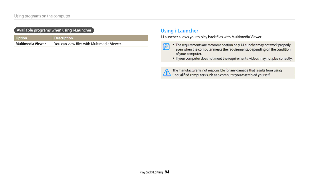 Samsung EC-WB110ZBABRU, EC-WB110ZBABE1, EC-WB110ZBARE1 manual Using i-Launcher, Available programs when using i-Launcher 