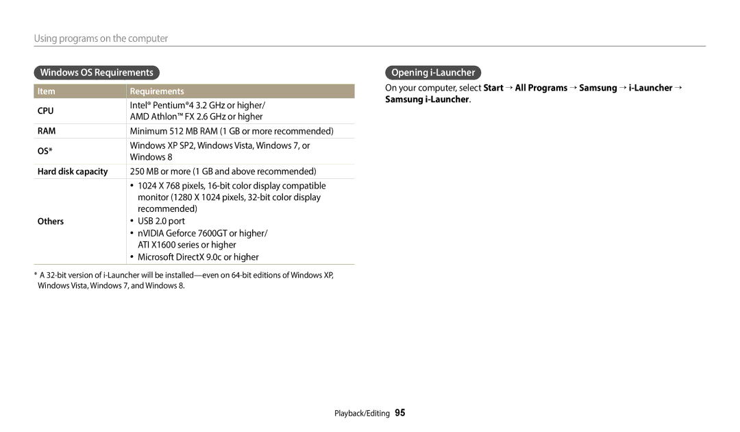 Samsung EC-WB110ZBARRU, EC-WB110ZBABE1 manual Windows OS Requirements, Opening i-Launcher, Hard disk capacity, Others 