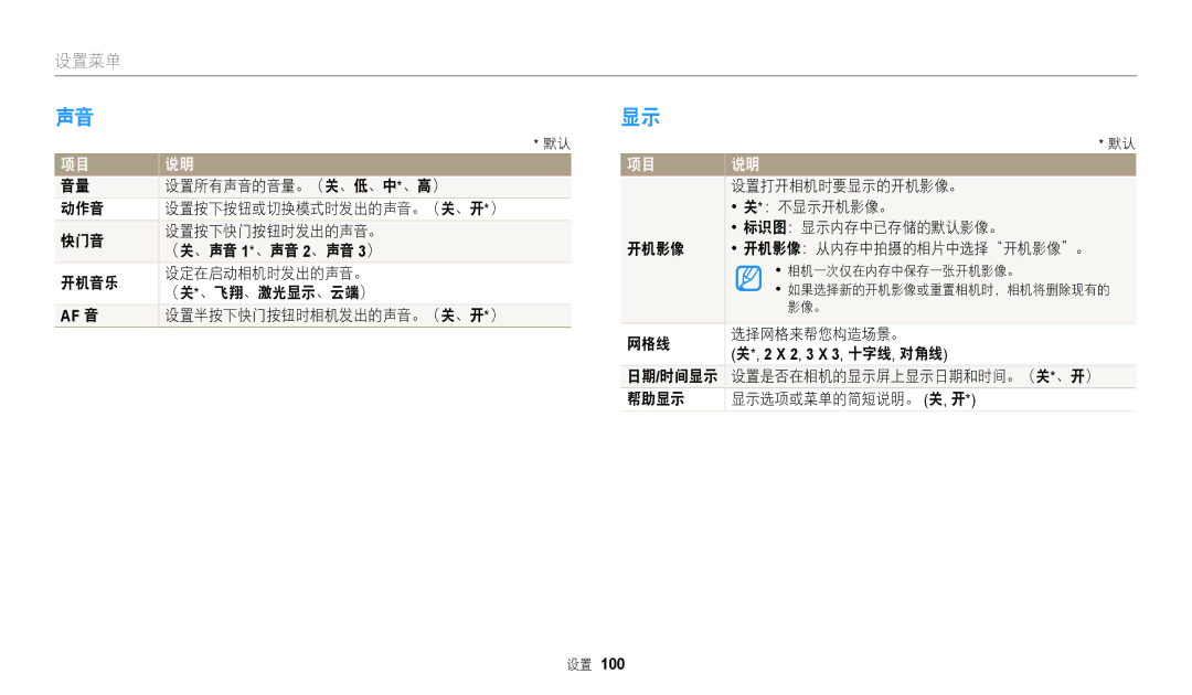 Samsung EC-WB110ZBARE3 设置所有声音的音量。（关、低、中*、高）, 设置半按下快门按钮时相机发出的声音。（关、开*）, 设置打开相机时要显示的开机影像。, ：不显示开机影像。, 标识图：显示内存中已存储的默认影像。 