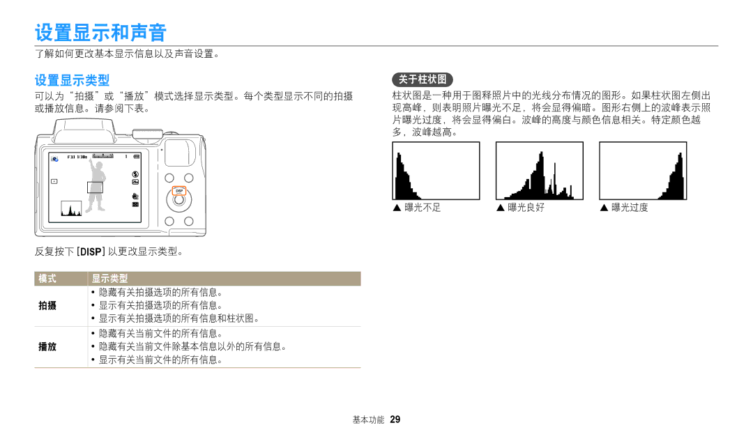 Samsung EC-WB110ZBABE3, EC-WB110ZBARE3 manual 设置显示和声音, 设置显示类型 