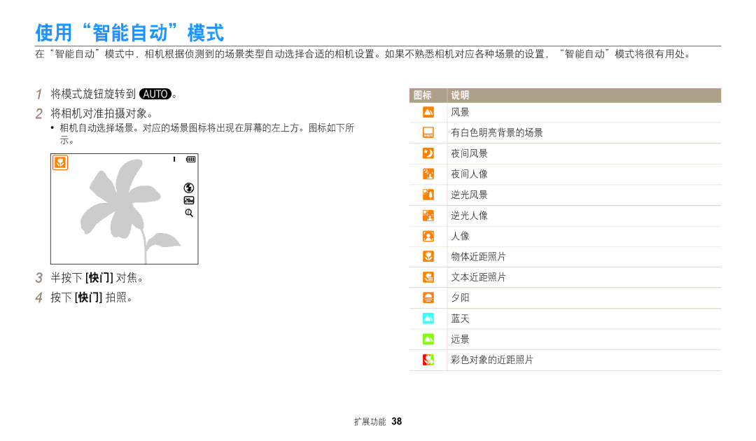 Samsung EC-WB110ZBARE3, EC-WB110ZBABE3 manual 使用智能自动模式, 将模式旋钮旋转到 将相机对准拍摄对象。, 按下 快门 拍照。, 文本近距照片, 彩色对象的近距照片 